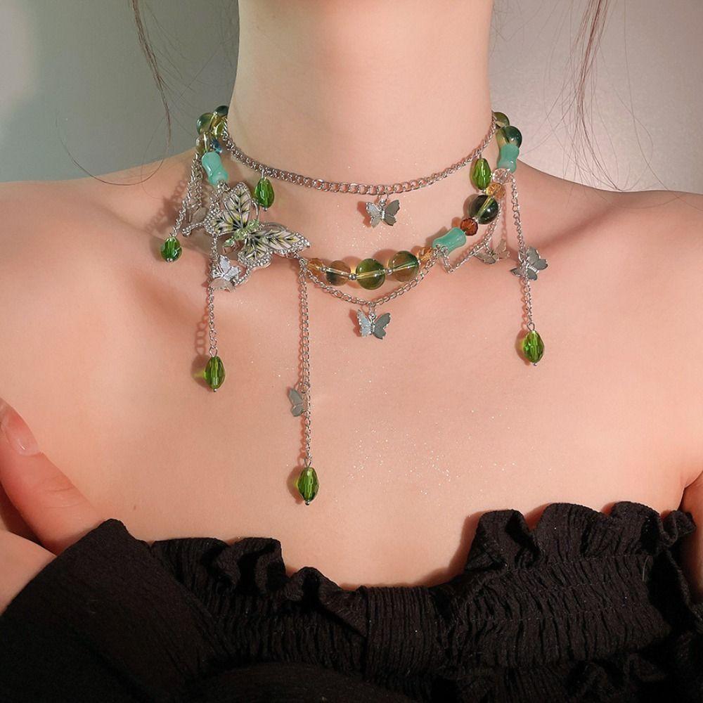 Long Tassel Butterfly Pendant Necklace Y 2 K Rhinestone Butterfly Necklace Collarbone Chain