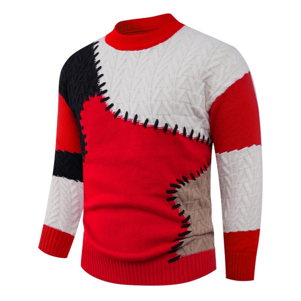 Men's Casual Color-blocked Sweater, Warm And Fashionable Pullover, Paired With A Round-neck Knitted Sweater Inside