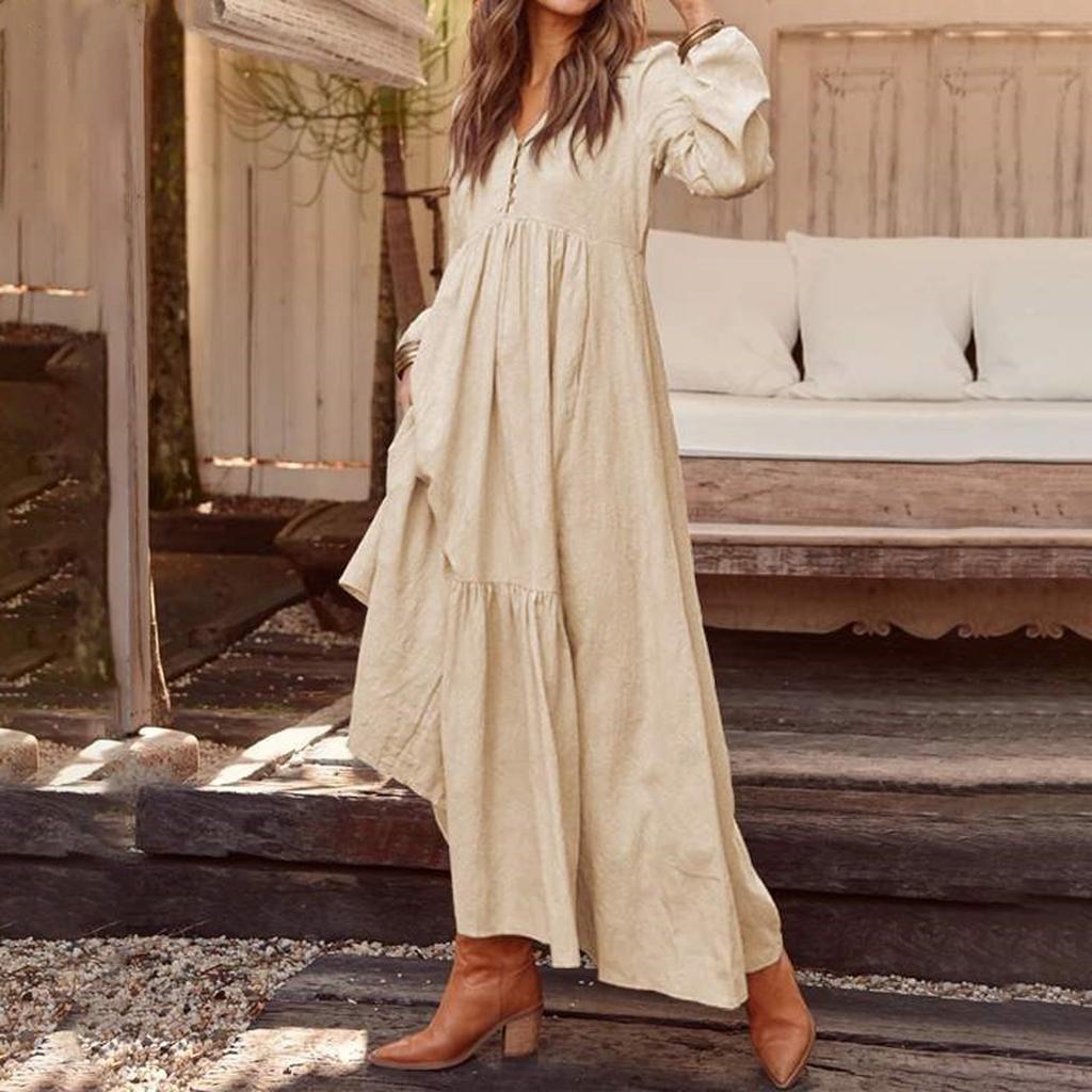 Женское повседневное платье макси с длинными рукавами, свободное многослойное платье с V-образным вырезом на пуговицах и высокой талией