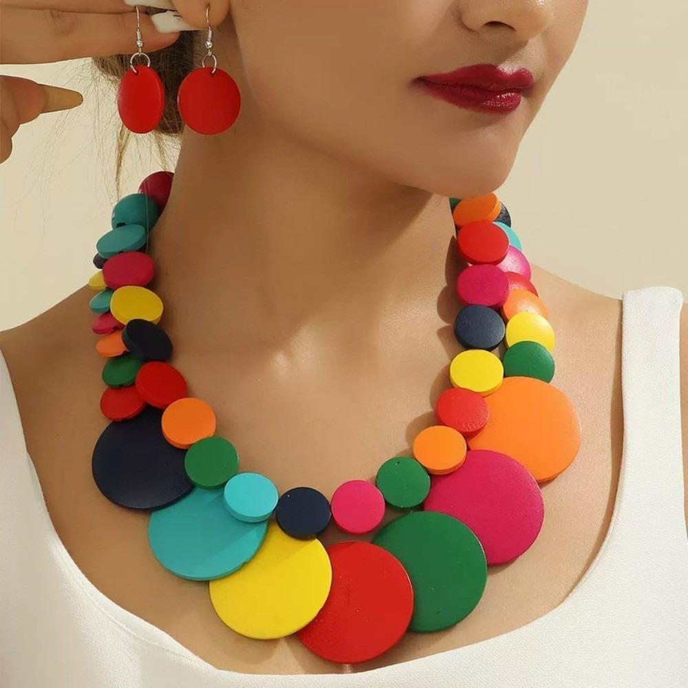 Double Layer Wooden Beaded Necklace Exaggeration Beaded Jewelry Pendant Necklace Beach Vacation