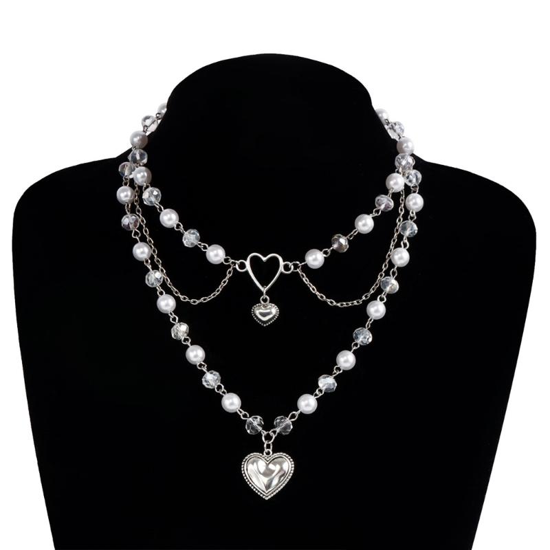 Multilayer Clavicle Chain Stylish Pearls Heart Neckachain Love Pendant Necklace for Women Girls Unique Jewelry Gift