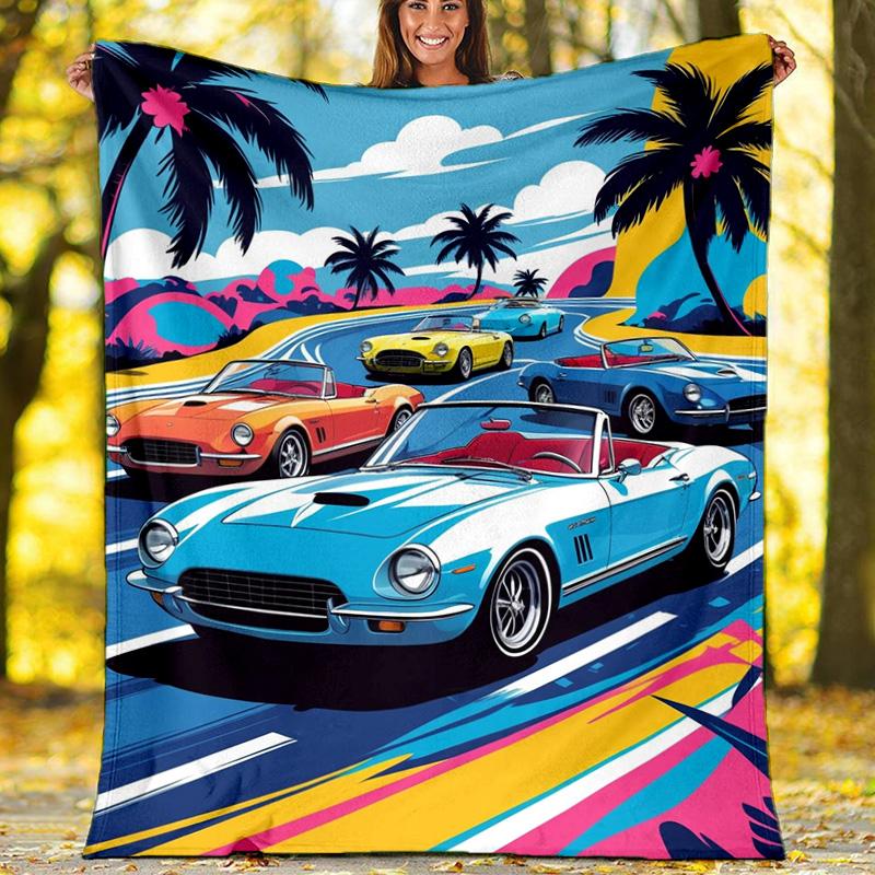 Retro Pickup Truck Sunset Palm Tree Flannel Fleece Blanket, Soft Warm Throw Blanket for Home, Car Fan Gift