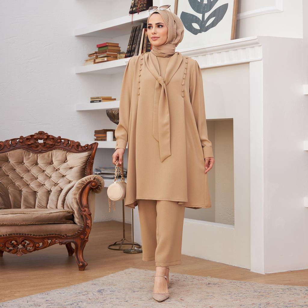 Foulard Collar Women Tunic Pants Double Suit Combine Islamic Muslim Casual Fashion Loose Summer Summer New Season Turkey