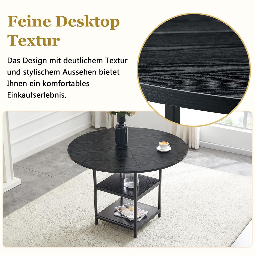 Round Dining Table with 107 cm Diameter and Double Storage Level, Black MDF Top + Metal Frame, Suitable for 2-4 People, For European Family Meals