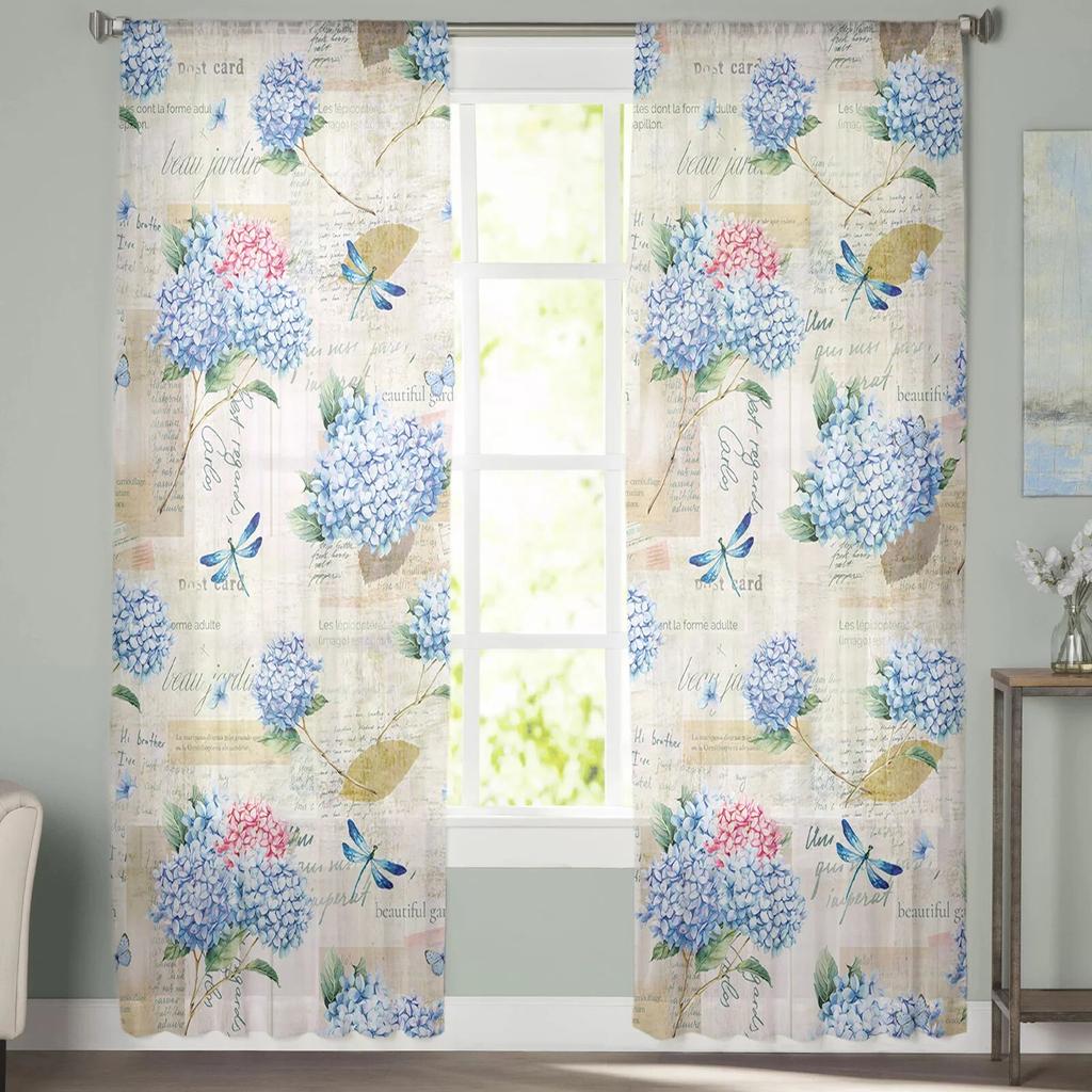 Flower Hydrangea Watercolor Sheer Curtains Transparent Voile Tulle for Bedroom Window Holiday Decoration