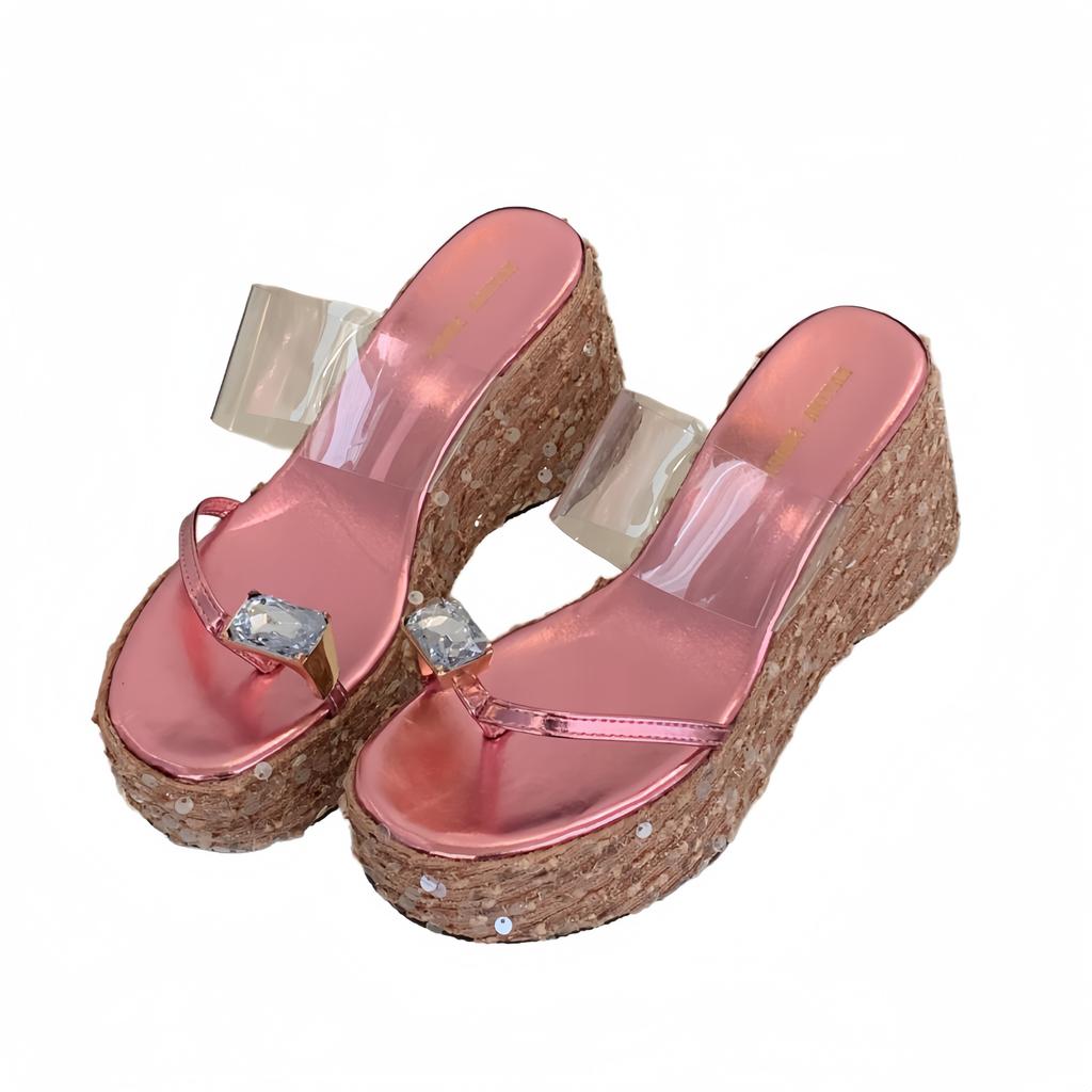Fashion Rubber Flip Flops Glitter Slides High-Heeled Shoes Lady Ladies' Slippers Platform On A Wedge Hawaiian Jelly Crystal Scandals Pum