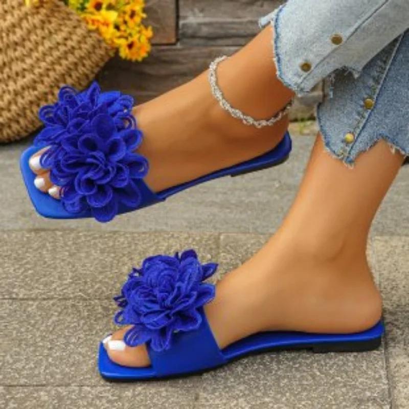 Распродажа женской обуви. Женские тапочки с открытым носком. Пляжные тапочки. Женские сандалии с квадратным носком и цветочным принтом. Сандалии больших размеров.