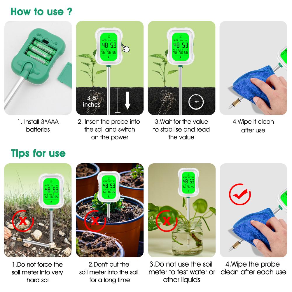 Цифровой измеритель pH почвы 7 в 1, тестер pH почвы, детектор плодородия, влажность почвы, солнечный свет, влажность окружающей среды, монитор температуры для садовой фермы