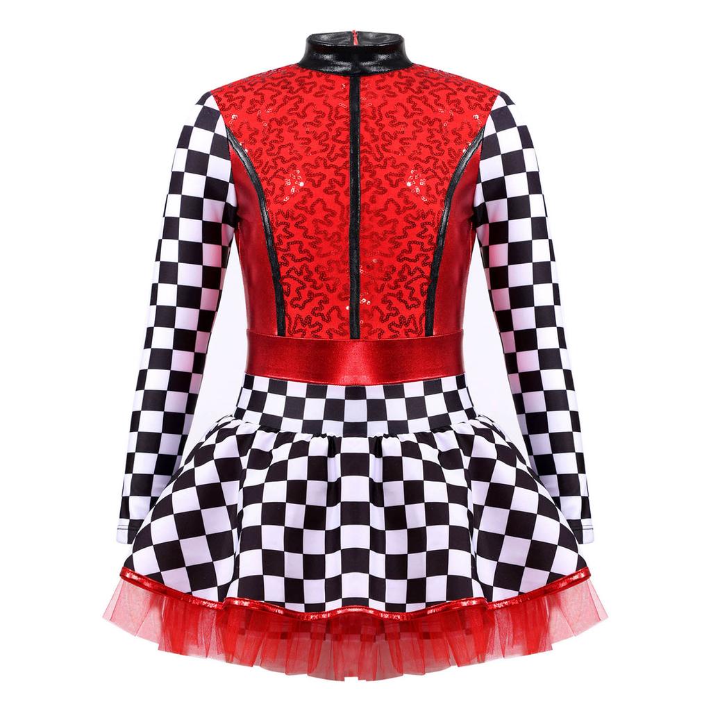 Детский костюм гонщика для девочек, клетчатый комбинезон гонщика с блестками, костюм для косплея на Хэллоуин, нарядное платье