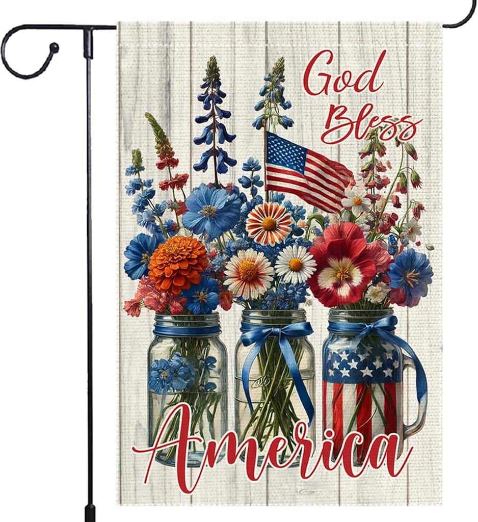 4th of July oral Garden ag 12x18 inch Double Sided Vertical Burlap Patriotic Mason Jar owers Outside Yard Independence EEL