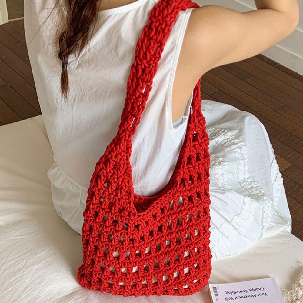 Korean Style Hollow Out Knitted Weave Bag Braided Beach Bag Sweet Crochet Tote Bag Ladies/Girls