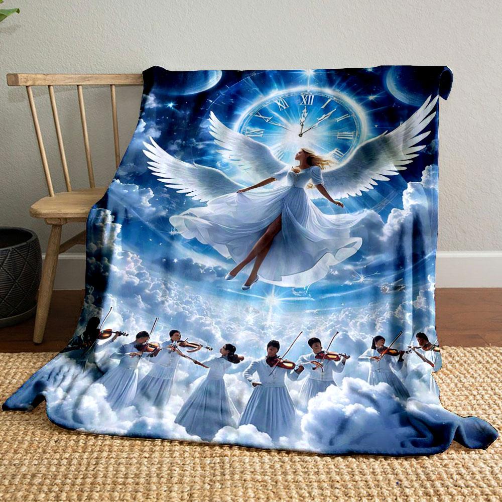 Angel Clock Violin Print Blanket Printed Blanket for Living Room Bed Couch lunch break Soft Cozy Blanket for Friend's festival Gift