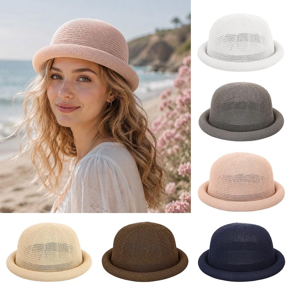 Round Top Roll Brim Hat Raffia Weave Sun Visor Hat Elegant Straw Hat Beach Vacation