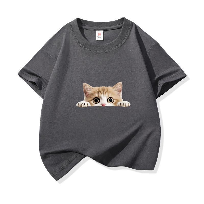 Kids Cotton T Shirt Peeking Orange Kitten Cat Print Crew Neck Short Sleeve Tee Casual Breathable Boys Girls Summer Tops