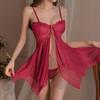 Mesh See-through Temptation Nightdress Front Buttoned with Thong Set Steel Ring Pajamas Sleepwear Set
