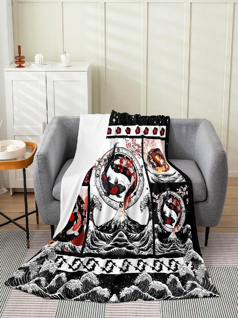 Feelyou Koi Fish Fleece Throw Blanket x Japanese Wave Cherry Blossoms Ocean Plaid Flannel Plush Fuzzy for Bed Couch Chair Living
