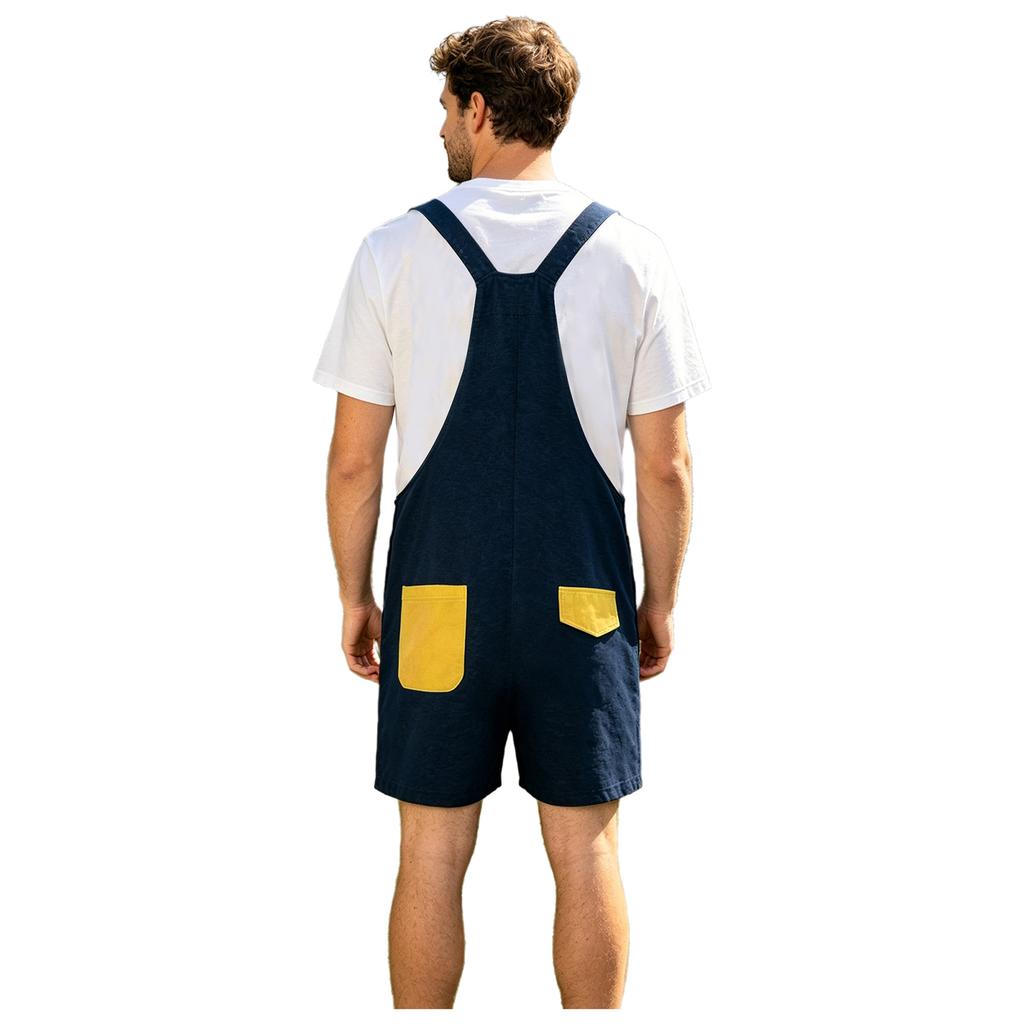 S-XXL Men Cartoon Dinosaur Printed Overalls Pajamas Back Color Blocking Pockets Adjustable Straps Bib Shorts Rompers Sleepwear
