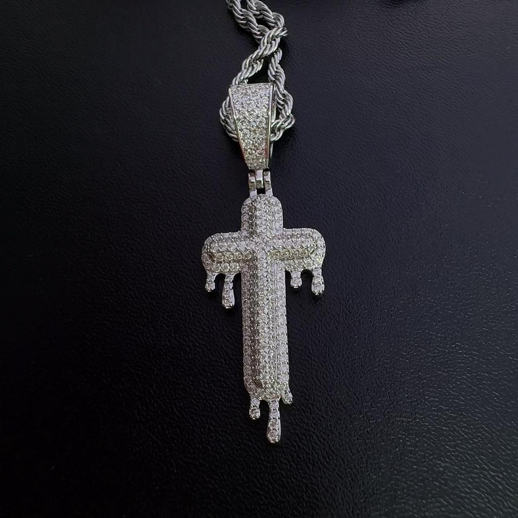 Three Rows Cross Pendant Necklace Iced Out Moissanite Hip Hop Copper Jewelry For Men Women