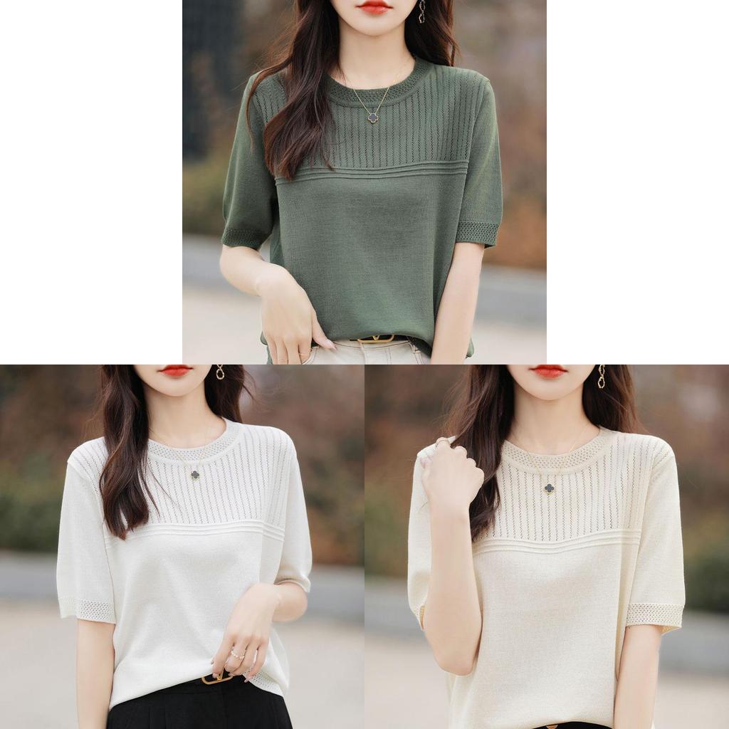 Ice Silk Short Sleeve T Shirt With Knitted Hollow Design For Summer Casual Women