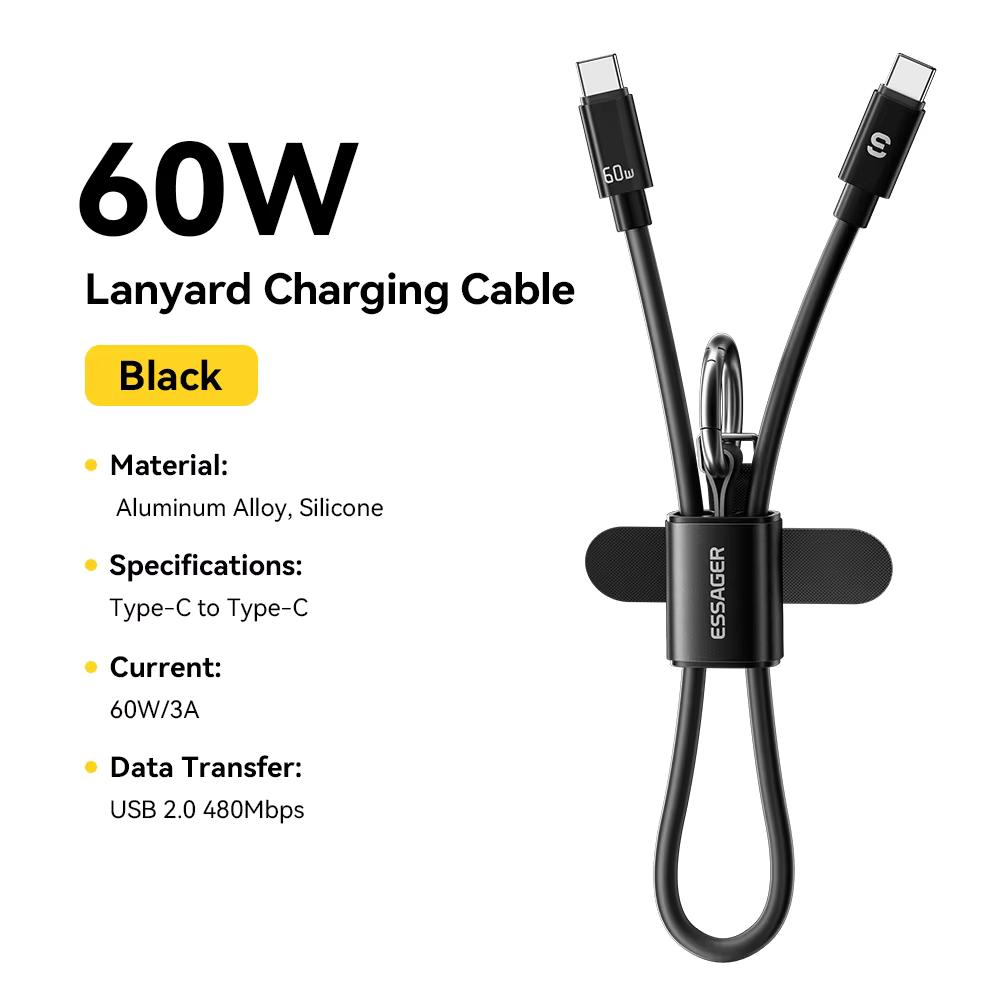 Essager 60 Вт USB Type-C Кабель для зарядки на шнурке Короткий кабель для Samsung S25 S24 Xiaomi iPhone 17 16 15 Pro Кабель Type-C на Type-C