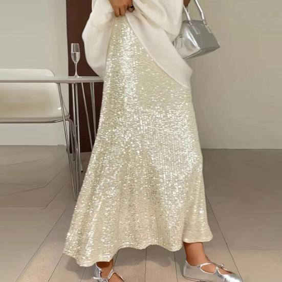 Women Maxi Skirt Elastic High Waist Long Skirt with Liner Shiny Sequins