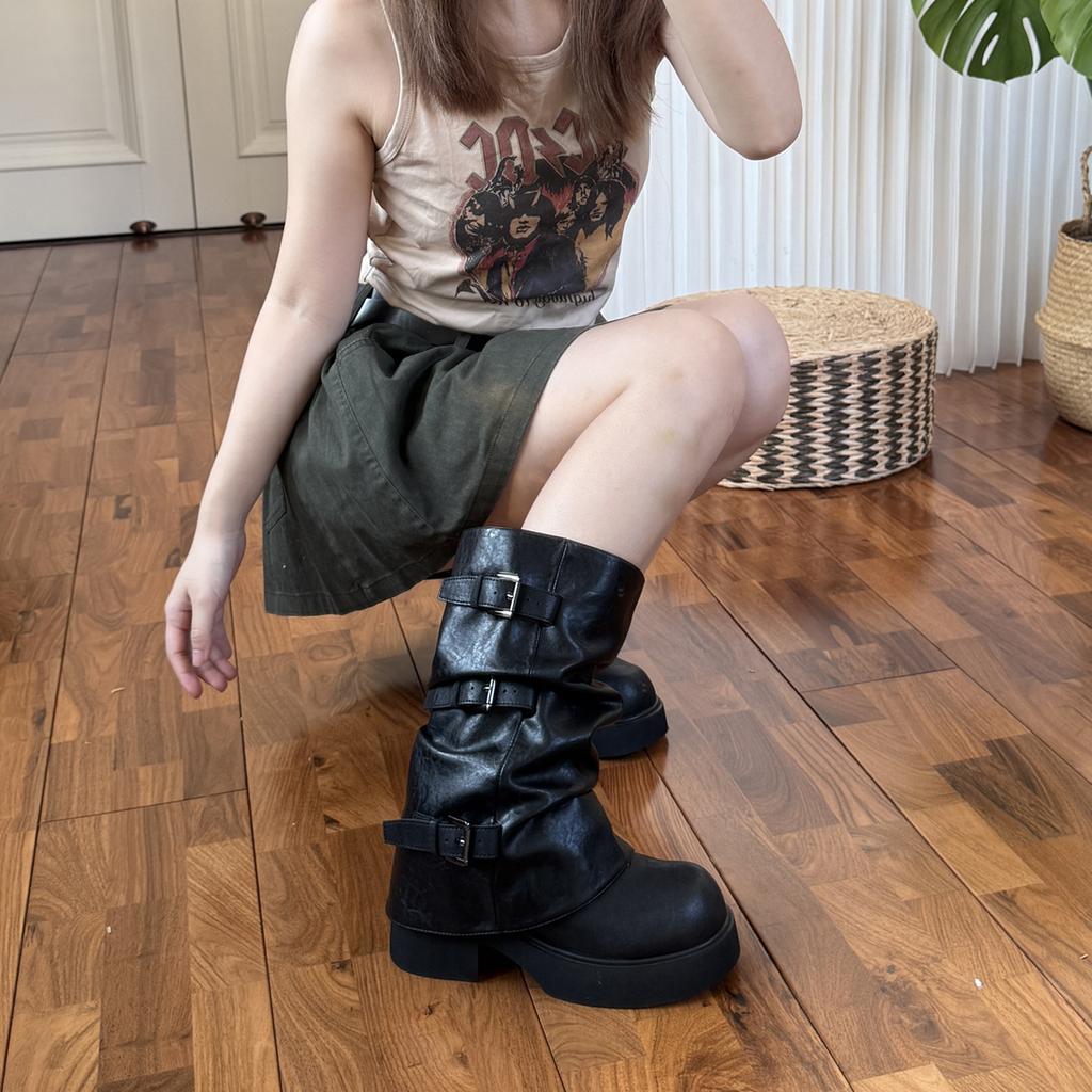 Removable Thick-soled Trouser Boots Two Wear Belt Buckle Short Boots Round Head Retro Stacking Boots Women's Western Boots Medium Boots