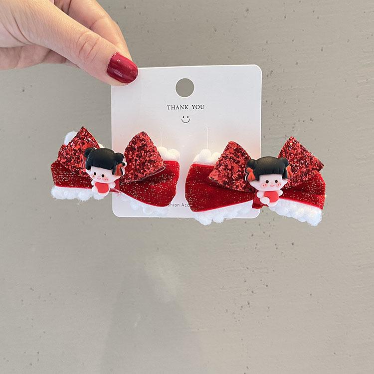 Красные новогодние заколки для волос с жемчужными кисточками и помпонами для детей - в стиле Ханфу