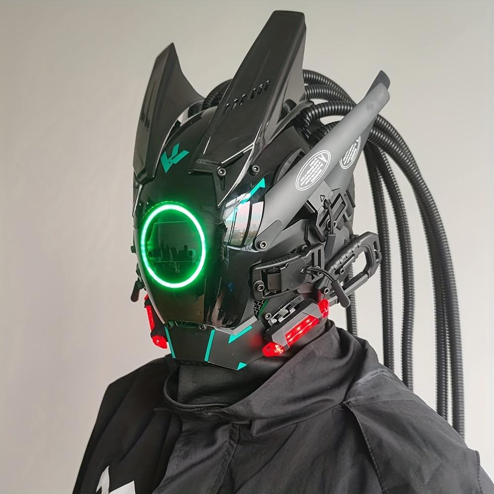 New Tubular Braid Black Cyberpunk Mask Round Light Wing LED Light-emitting Mask Cosplay Sci-fi Gear Party Music Festival