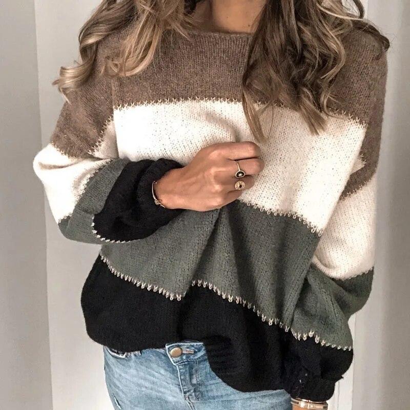 Модный теплый вязаный женский пуловер с длинными рукавами, топы, повседневный контрастный полосатый свитер с круглым вырезом, женская зимняя одежда 30460