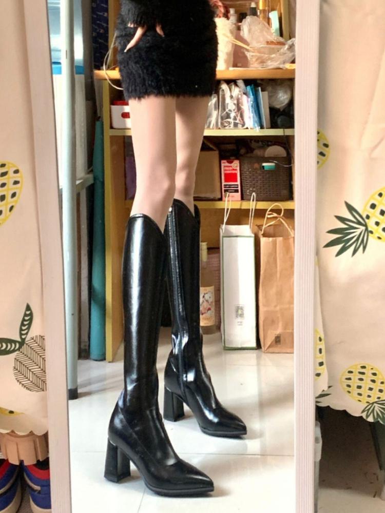 Footwear High Heels Shoes for Women Pointed Toe Ladies Boots Winter Knee Shaft Long Elegant Heeled Black New In Spring Autumn Pu
