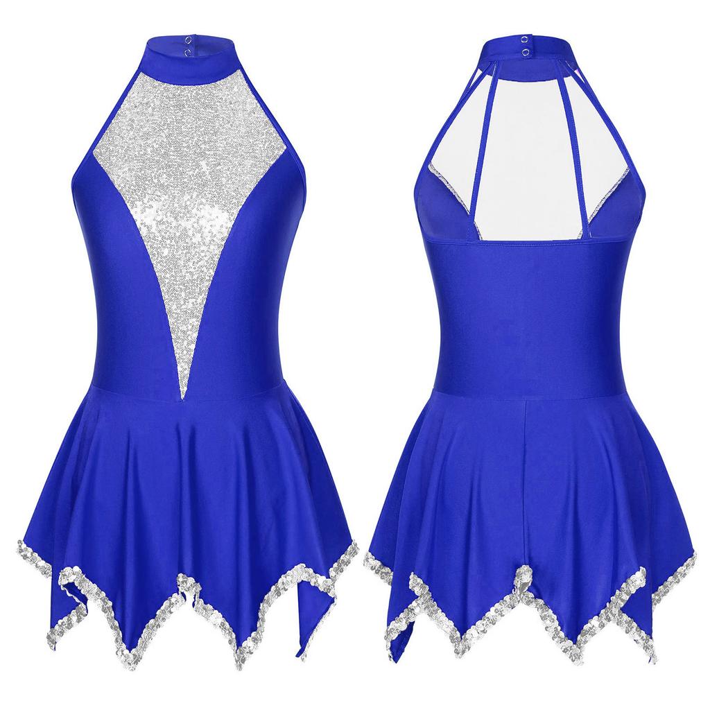 Women Girls Sleeveless Halter Figure Ice Skating Dress Sequins Gymnastic Dance Leotard Competition Costume