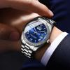 Классические мужские деловые водонепроницаемые модные синие часы из нержавеющей стали с автоматическим календарем недели, светящиеся наручные часы