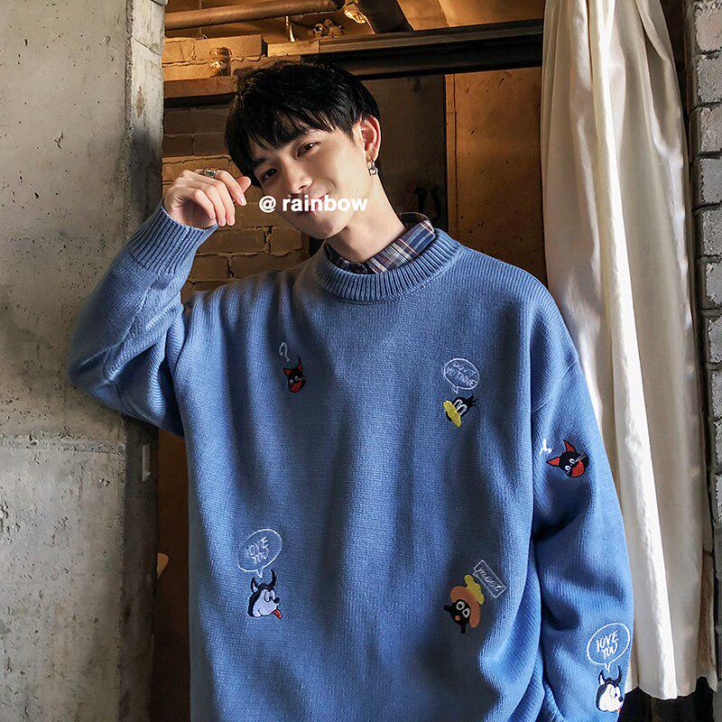 Мужской мультфильм вышивка легкий свитер вязание без подкладки верхняя одежда свободное пальто