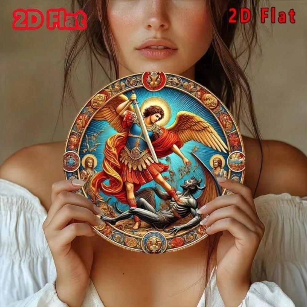 Flat Round Metal Wall Decor 2D Vintage Artwork Archangel Michael Demon Aluminum Sign 8x8 Inch