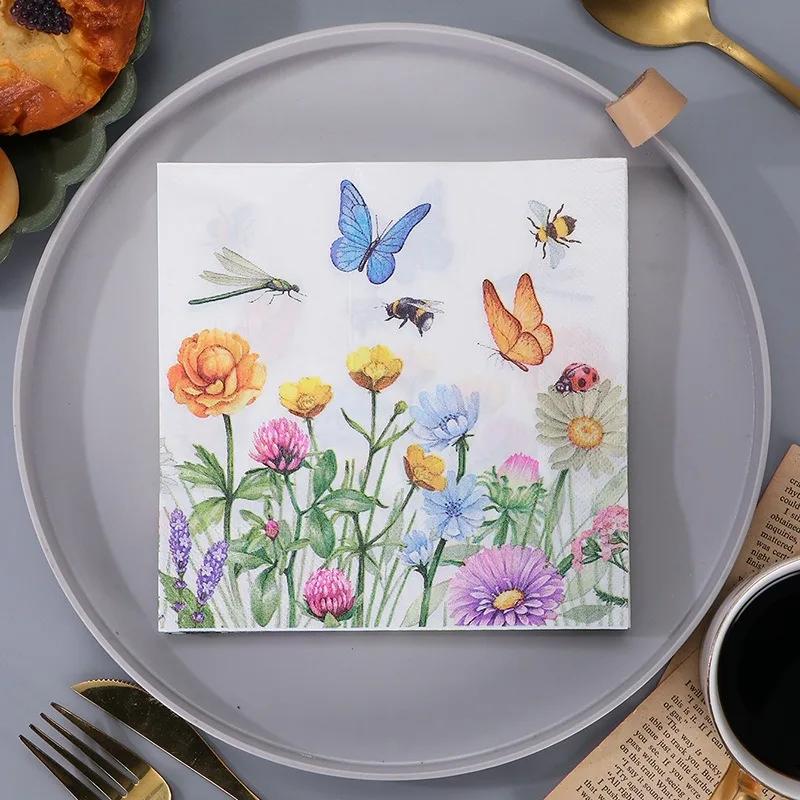 20 шт./уп. Бумажные салфетки для декупажа с бабочками и цветами, винтажные салфетки, праздничная сервировка стола, свадебные, рождественские, фестивальные принадлежности