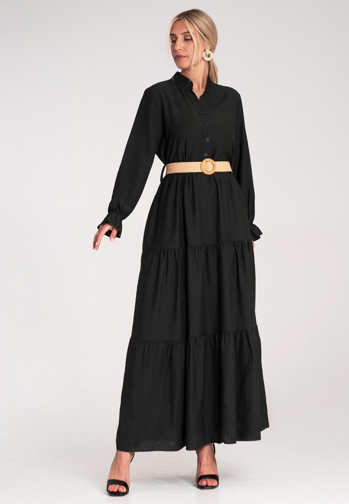 Long casual dress with a belt - Dress with ruffles at the bottom - Black M1212 r. Universal
