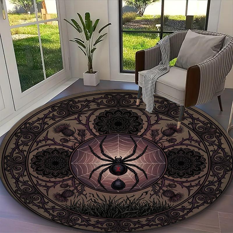 1pc Digital Printed Chair Rug for Home Office Use, Dark Gothic Spider Web Blooms Carpet Appropriate for All Seasons, Soft Round Carpet