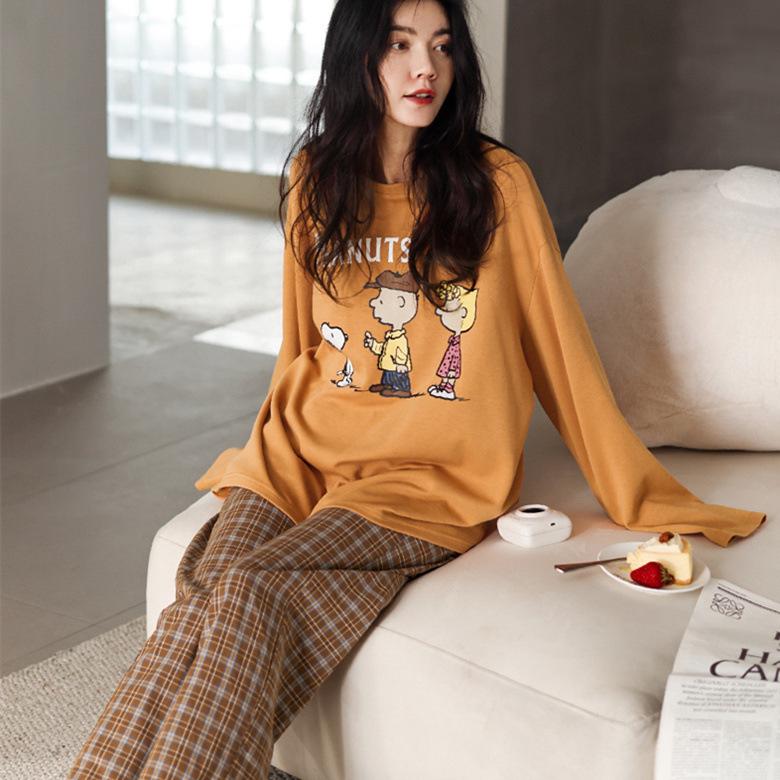 Женский пижамный комплект с длинным рукавом - Милый мультяшный принт, Большой размер, для весны и осени, для дома/улицы