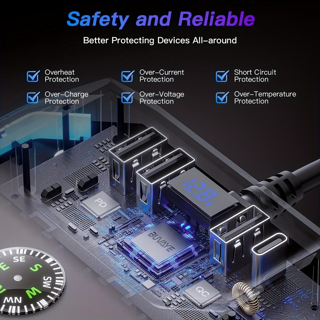 Автомобильное зарядное устройство 7-в-1 мощностью 120 Вт с тремя розетками, индивидуальным включением/выключением для переключателя, светодиодным индикатором напряжения, шунтирующим разъемом 12 В/24 В с кабелем длиной 3,3 фута