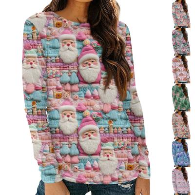 Женские рубашки с длинным рукавом и круглым вырезом, повседневные топы, туники с рождественским принтом, свободные футболки