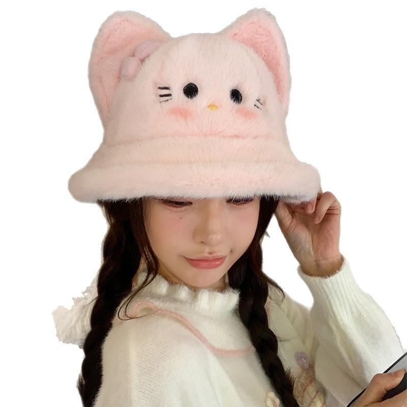 New cute cat bow plush hat women's autumn and winter basin hat big head circumference showing face small bucket hat