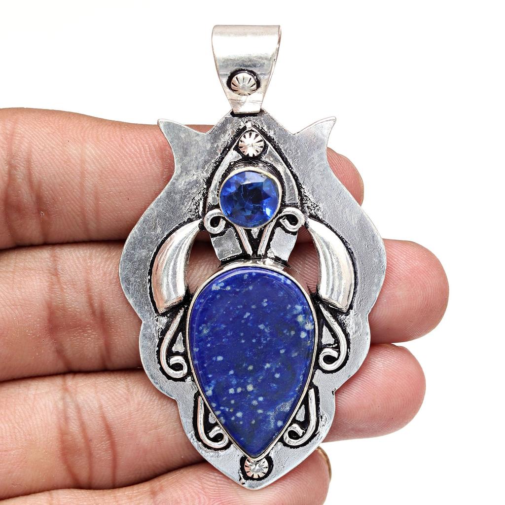 Pendant Lapis Lazuli Silver Jewelry 2.5" Gemstone Handmade Sterling Silver
