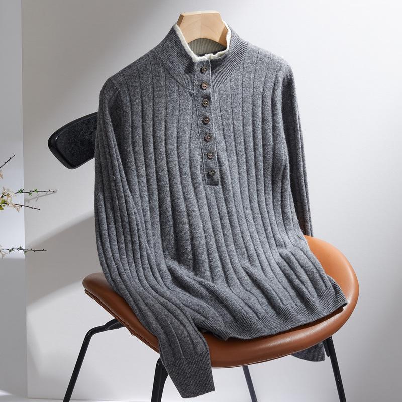 2025 A/W Women's Cashmere Turtleneck Sweater - Buttoned Striped Knit Outerwear