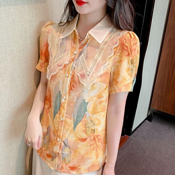 Женская одежда, модная кружевная лоскутная рубашка с цветочным принтом, шикарная элегантная рубашка, летняя милая тонкая блузка с короткими рукавами, Blusas Mujer