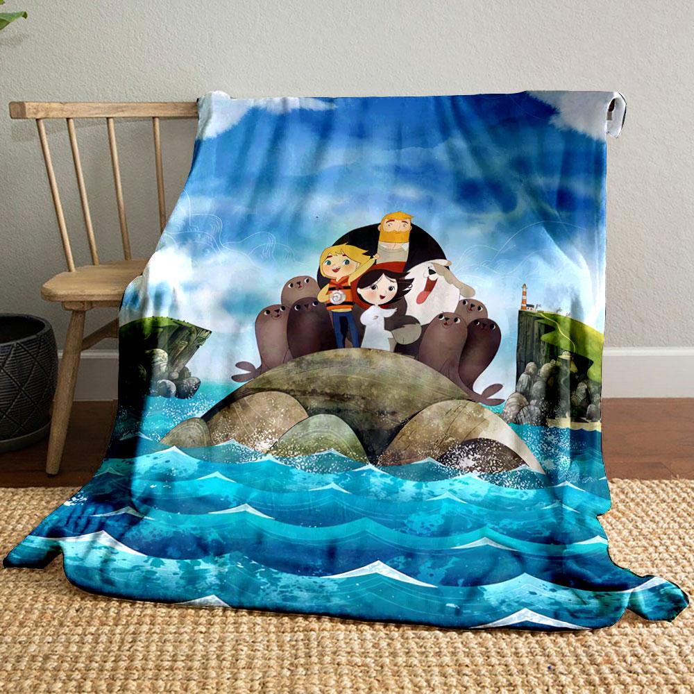 Characters stand on a rocky island surrounded by seals and ocean waves. for all seasons blanket lunch break throw gift
