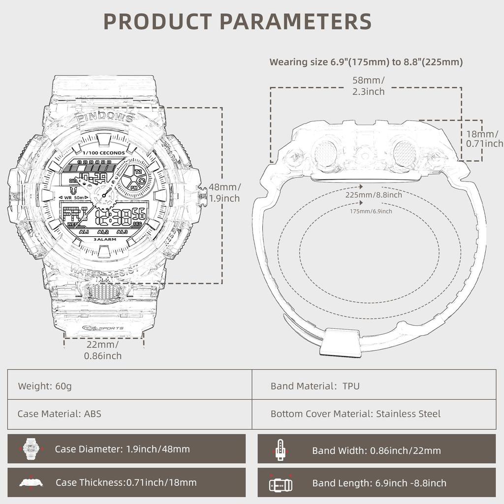 PINDOWS Military Watch Outdoor Sports Electronic Date Multifunction LED Alarm 50 Meter Water Resistant Analog Digital Display Watch Men's Watch, Men's