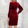 Spring Autumn Women Evening Dress Long Sleeves Slim Fit Pure Color Split Hem