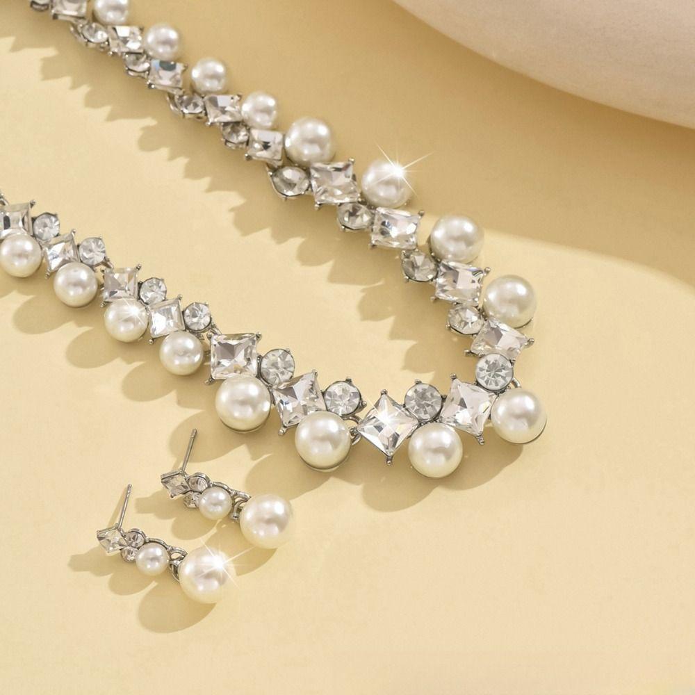 Elegant Pearl Jewelry Set Multi-layer Rhinestone Choker Fashion Pearl Dangle Earrings Daily