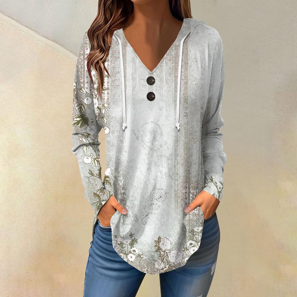 Женские повседневные модные однотонные толстовки с капюшоном на пуговицах и длинными рукавами с V-образным вырезом