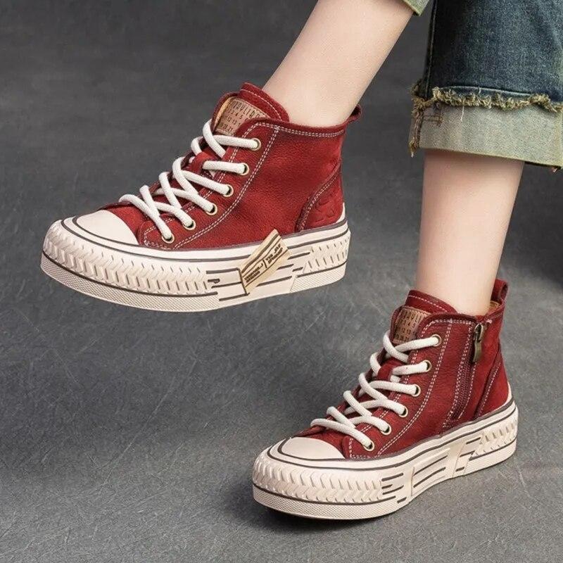 Johnature Spring Genuine Leather Women Flat Shoes Lace-up Handmade Leisure Comfortable Thick Soled Shoes